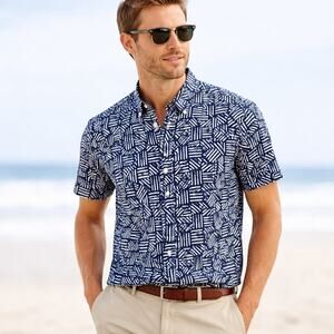 Bonobos Slim Fit Medium Blue Geometric Short Sleeve Button Down Shirt Cotton